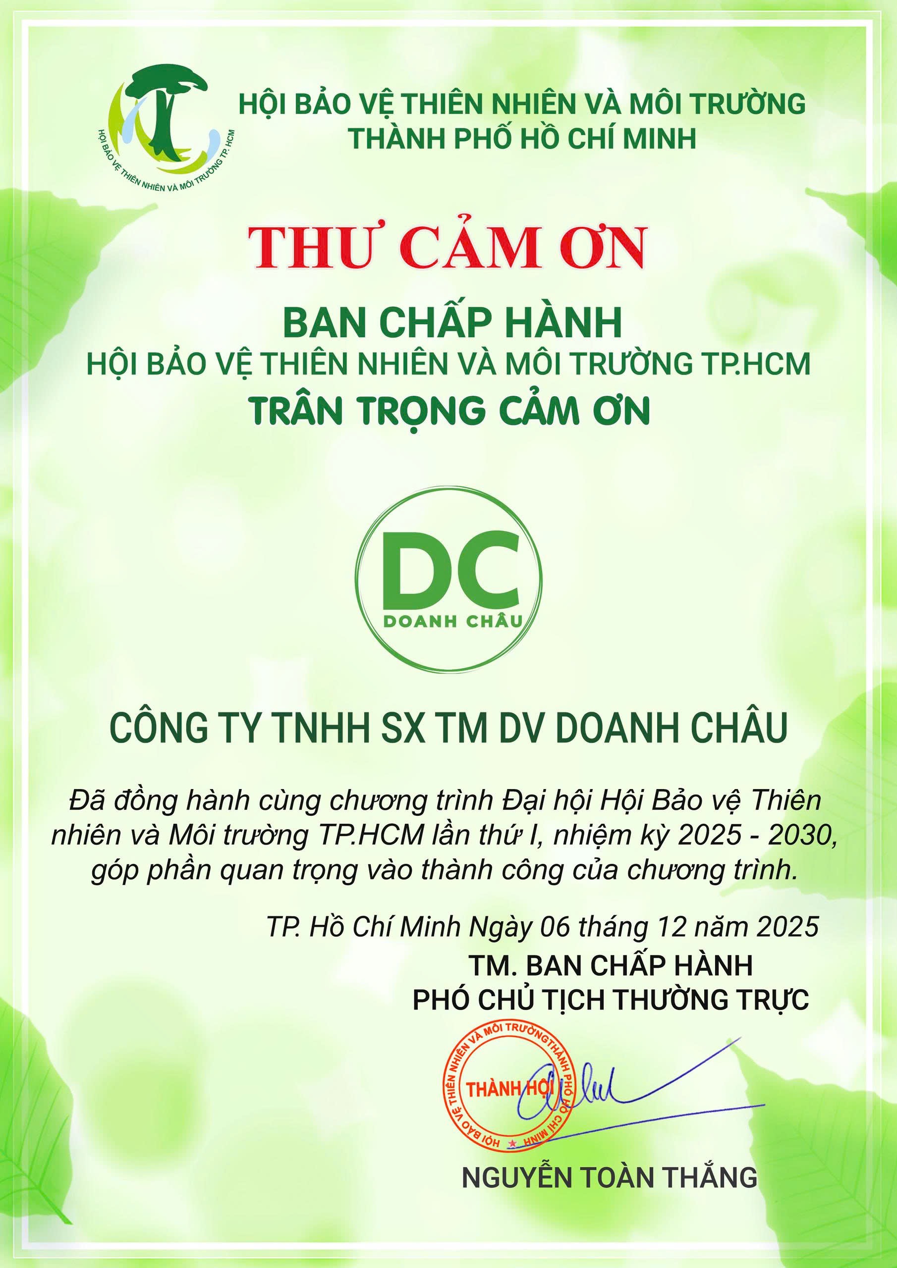 Thư cảm ơn của Hội đến Doanh Châu